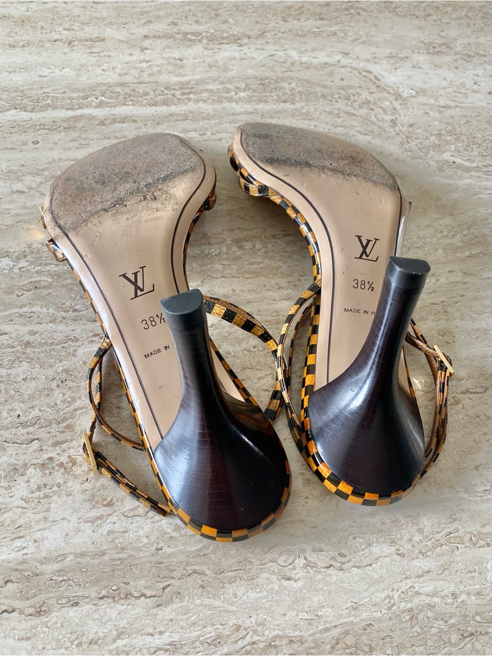 Vintage Louis Vuitton Damier LV Bow Ankle Strap Sandal Heels - Picture 7 of 8
